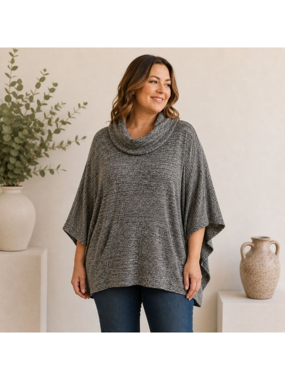 Lane Bryant Gray Poncho Sweater Plus Size 14/16 Cowl Neck Kangaroo Pocket Tunic